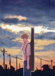  1boy blue_pants breast_pocket brown_hair collared_shirt commentary_request cowboy_shot dos_i2525 dusk from_side futsuu_no_keion-bu hand_on_own_face highres light_smile looking_at_viewer male_focus night night_sky outdoors pants pocket power_lines profile school_uniform shirt short_hair short_sleeves sky solo standing star_(sky) starry_sky summer_uniform takami_kouki utility_pole white_shirt 