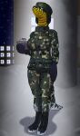 animal_humanoid anthro belt beret box building clothing container female gift gift_box green_clothing green_eyes green_jacket green_topwear hat headgear headwear hi_res humanoid jacket lika_zmeeva mantrinrus new_year_2024 reptile scalie scalie_humanoid snake snow star tail topwear uniform window window_light winter