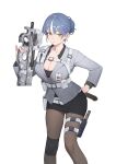  1girl blue_hair blush breasts bullpup cleavage cowboy_shot gun hair_bun highres holster id_card jaejae knee_pads large_breasts looking_at_viewer multicolored_hair office_lady original p90 pantyhose pencil_skirt simple_background single_knee_pad skirt solo streaked_hair submachine_gun tactical_clothes thigh_holster weapon white_hair yellow_eyes 