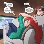  2girls artist_name blue_pants brown_eyes brown_hair couch dated english_text gravity_falls green_eyes green_hairband green_shirt hairband highres indoors long_hair mabel_pines multicolored_nails multiple_girls pants patreon_username shirt signature socks speech_bubble swain_(artist) television web_address wendy_corduroy white_socks 