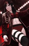  1girl absurdres aiguillette black_hair black_nails breasts english_commentary epaulettes from_below frown hair_ornament highres kadence_(veyonis) looking_to_the_side medium_breasts midriff nail_polish navel original solo veyonis wrestling_outfit wrestling_ring 