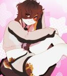 anthro artist_name brown_eyes brown_hair brown_markings bulge clothed clothing floppy_ears hair hi_res lagomorph leporid looking_at_viewer male male_anthro mammal markings mouth_closed navel orange_markings qr_code rabbit short_hair side_view simple_background solo sonyan text white_body