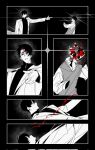  2boys age_difference arm_up benkdjjituibot black_hair black_shirt blood_from_forehead blood_trail bullet_hole closing_eyes coat collared_shirt death double-parted_bangs dual_persona exploded_head falling falling_petals finger_gun finger_gun_to_head food foodification fruit grey_vest hair_between_eyes hair_over_one_eye headshot highres implied_suicide inset_border kim_dokja multiple_boys murder objectification oldest_dream omniscient_reader&#039;s_viewpoint outside_border outstretched_arm petals pomegranate projectile_trail shirt short_hair sparkle spot_color vest white_coat white_shirt 