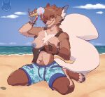 anthro beach blep blue_nipples breasts busty_boy_(lore) canid canine clothing dessert detailed_background facial_hair female food food_fetish food_on_breasts food_play fox hi_res ice_cream kneeling mammal nipples sand sea sinisterheaven solo swimming_trunks swimwear teasing teasing_viewer tomboy tongue tongue_out trans_(lore) trans_man_(lore) water