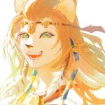  1girl :d animal_ears blonde_hair circlet fangs feather_hair_ornament feathers final_fantasy final_fantasy_xiv furry furry_female green_eyes hair_ornament highres hrothgar lion_ears lion_girl long_hair looking_at_viewer open_mouth portrait senoura_korafu signature simple_background smile solo white_background wuk_lamat 