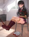  1girl absurdres arms_behind_back bang_dream! bang_dream!_it&#039;s_mygo!!!!! bare_legs bdsm black_hair bondage bound bound_arms bound_legs chuck_(harfmoondark) feet highres long_hair mygo!!!!!_(bang_dream!) purple_eyes red_skirt restrained rope school_uniform shibari shibari_over_clothes shiina_taki skirt socks soles stationary_restraints toes 