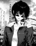  1girl absurdres breast_pocket breasts building cigarette cloud collarbone fur-trimmed_hood fur_trim hand_up highres holding holding_cigarette hood hood_down hooded_jacket jacket lamppost long_sleeves open_clothes open_jacket original outdoors parted_lips pocket purple_eyes rectangular_eyewear shirt sidelocks sleeves_past_wrists small_breasts smoke solo t-shirt tree tyrezal 