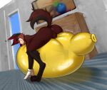 absurd_res anthro balloon balls bouncing brown_body butt canid canine canis clothing coyote detailed_background fur genitals gloves hair handwear hi_res humping inflatable inflating lbyluc looner lying male mammal nude paws riding_balloon sitting_on_balloon solo tail text toony