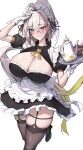 1girl absurdres ahoge apron black_dress black_shoes blush breasts bright_pupils character_request cleavage copyright_request dress fate/grand_order fate_(series) gloves green_hair grey_eyes grey_hair hair_between_eyes highres holding holding_tray huyan_zhuo_(fate) huyan_zhuo_(fgo_fes._2025)_(fate) large_breasts magatama maid_headdress multicolored_hair ponytail ribbon shiroshisu shoes solo streaked_hair teapot thighhighs tray white_apron white_background white_gloves white_pupils yellow_ribbon 