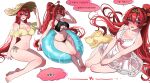  1girl absurdres alternate_costume bikini breasts dstscq hat highres korean_commentary korean_text long_hair navel ponytail purple_eyes red_hair solo speech_bubble straw_hat sun_hat swimsuit translation_request wuthering_waves yinlin_(wuthering_waves) 
