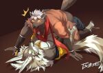 anthro athletic athletic_anthro athletic_male black_body black_fur butt candy canid canine canis caught chocolate chuurow dessert domestic_dog duo embarrassed food fur grey_body grey_fur jackal lifewonders male male/male mammal ninja pinned pinned_to_ground seth_(tas) tadatomo_(tas) tokyo_afterschool_summoners warrior
