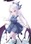  1girl absurdres ahoge alternate_costume alternate_hairstyle belt black_belt blue_archive blue_bow blue_bowtie bow bowtie buttons casual commentary_request demon_girl demon_horns demon_wings dress forehead full_body hair_bow hair_ribbon halo highres hina_(blue_archive) horns long_hair long_sleeves looking_at_viewer outstretched_arms parted_bangs pinafore_dress ponytail purple_eyes ribbon sidelocks simple_background sleeveless sleeveless_dress smile solo spread_arms standing standing_on_one_leg teritama_(teritama_house) wavy_hair white_background white_hair wings 