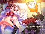  ass black_legwear blonde_hair blush bow braid brown_hair detached_sleeves frottage futon g-string garters hair_bow hair_tubes hakurei_reimu hat hat_removed headwear_removed highres holding_hands interlocked_fingers inuga_anahoru kirisame_marisa kneehighs lantern legs long_hair long_legs looking_at_viewer lying multiple_girls navel no_hat no_headwear no_pants on_back panties red_eyes short_hair skirt skirt_removed socks spread_legs thighhighs thighs thong topless touhou underwear underwear_only wallpaper white_legwear witch_hat yuri 