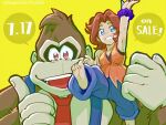 2025 4:3 5_fingers 5_toes anthro ape artist_name barefoot biped blue_bottomwear blue_clothing blue_eyes blue_pants bottomwear cel_shading clothing conjoined_eyes dialogue digital_drawing_(artwork) digital_media_(artwork) donkey_kong_(character) donkey_kong_(series) donkey_kong_bananza dress duo english_text feet female fingers gorilla hair haplorhine hi_res human long_hair looking_at_viewer male mammal mario_bros mayor_pauline necktie nintendo nintendo_direct open_mouth open_smile orange_clothing orange_dress pants primate procreate_(artwork) red_eyes red_hair red_necktie shaded simple_background smile smiling_at_viewer speech_bubble superstaryoshi6 text toes wallpaper yellow_background