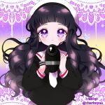  1girl artist_name bad_id bad_twitter_id beret black_hair black_shirt blunt_bangs camcorder camera cardcaptor_sakura closed_mouth commentary cowboy_shot daidouji_tomoyo diamond_(gemstone) dot_nose english_commentary eyelashes film_grain gradient_background happy hat heart heart_in_eye highres holding holding_camera honeymoonpetal lace_background light_blush light_particles light_smile long_hair long_sleeves looking_at_viewer neckerchief puffy_long_sleeves puffy_sleeves purple_background purple_eyes sailor_collar school_uniform serafuku shirt sidelocks skirt solo standing star-shaped_gem straight-on symbol_in_eye tareme tomoeda_elementary_school_uniform very_long_hair video_camera watermark wavy_hair white_hat white_neckerchief white_sailor_collar white_skirt yellow_background 