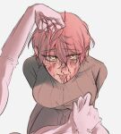  2girls alien_stage blood breasts bruise bruise_on_face commentary english_commentary female_pov gloves grey_shirt hand_in_another&#039;s_hair highres implied_yuri injury kneeling mizi_(alien_stage) multiple_girls nosebleed pink_hair pov pov_hands pussy_juice shirt short_hair skirt_hold sua_(alien_stage) the_quipper tongue tongue_out very_short_hair white_gloves yellow_eyes 