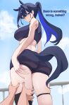  1girl 1other absurdres animal_ears ass black_hair black_shorts black_sports_bra black_thighhighs blue_eyes blue_hair breasts colored_inner_hair daaku_(koizumi_arata) day english_text from_below grabbing_another&#039;s_thighs hair_intakes highres hololive hololive_english horse_ears horse_girl horse_tail huge_breasts multicolored_hair ouro_kronii outdoors ponytail short_shorts shorts single_thighhigh sports_bra tail thigh_strap thighhighs virtual_youtuber 
