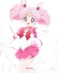  1girl back_bow bad_id bad_twitter_id bishoujo_senshi_sailor_moon bishoujo_senshi_sailor_moon_crystal boots bow bowtie brooch chibi_usa choker circlet commentary cone_hair_bun cowboy_shot dot_nose double_bun earrings elbow_gloves english_commentary eyelashes feathers gloves hair_bun hair_ornament happy high_heel_boots high_heels highres honeymoonpetal jewelry knee_boots leg_up leotard magical_girl miniskirt offering_hand official_style open_mouth outstretched_arm parted_bangs pink_bow pink_brooch pink_choker pink_hair pink_sailor_collar pink_skirt pink_sleeves pleated_skirt puffy_short_sleeves puffy_sleeves red_bow red_bowtie red_eyes ringlets sailor_chibi_moon sailor_collar sailor_senshi_uniform short_hair short_sleeves short_twintails simple_background skirt sleeved_leotard solo star_(symbol) star_brooch star_choker star_earrings tareme twintails white_background white_boots white_gloves white_leotard 
