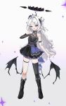  1girl absurdres ahoge alternate_costume alternate_hairstyle bare_shoulders black_boots black_gloves black_thighhighs blue_archive boots demon_girl demon_horns demon_wings elbow_gloves fingerless_gloves fluffy_hair gloves grey_hair hair_bun highres hina_(blue_archive) hina_(dress)_(blue_archive) horns knee_boots looking_at_viewer microphone mienpp parted_bangs purple_eyes purple_nails single_elbow_glove single_side_bun single_thighhigh solo thigh_strap thighhighs wings 