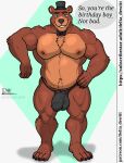 anthro balls clothed clothing delta_dewitt digital_media_(artwork) english_text five_nights_at_freddy&#039;s freddy_(fnaf) fur genitals hat headgear headwear hi_res looking_at_viewer male mammal muscular nipples penis scottgames simple_background smile solo text thong underwear