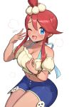  1girl bikini bikini_under_clothes bikini_under_shorts blue_bikini blue_eyes blue_shorts blush breasts cleavage collarbone crop_top denim denim_shorts gonzarez hair_between_eyes hair_ornament highres large_breasts midriff navel off-shoulder_shirt off_shoulder official_alternate_costume one_eye_closed one_side_up open_mouth pokemon pokemon_masters_ex red_hair shirt shorts sidelocks simple_background skyla_(pokemon) skyla_(summer_2025)_(pokemon) smile solo sweat sweatdrop swimsuit white_background 