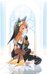  1girl absurdres alphaart animal_ear_headwear animal_ears black_dress black_veil blue_archive blue_eyes blush braid braided_ponytail cat_ears closed_mouth coif dress flower flower_hat from_behind hair_between_eyes halo hat hat_flower highres long_hair long_sleeves looking_at_viewer looking_back mari_(blue_archive) no_shoes nun orange_hair seiza sitting smile socks solo veil white_flower white_socks yellow_halo 