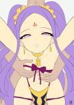  1boy 1girl bare_shoulders bent_over breasts collarbone earrings eyeliner facial_mark fate/grand_order fate_(series) forehead forehead_mark grabbing_another&#039;s_breast groping guriguri_(arayotto4351) hair_ornament hair_scrunchie highres implied_sex jewelry long_hair looking_at_viewer makeup navel neck_ring outstretched_arms parted_bangs parted_lips pelvic_curtain purple_eyes purple_hair scrunchie sidelocks small_breasts thighs twintails very_long_hair wu_zetian_(fate) yellow_scrunchie 