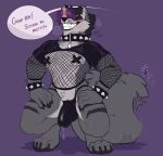 alternative_fashion anthro blush bodily_fluids bracelet bulge canid canine canis clothing collar crouching detailed_bulge dog_food dog_treat dripping emo fishnet_clothing fishnet_shirt fishnet_topwear fur genital_fluids genital_outline good_boy grey_body grey_fur grin hi_res jewelry male mammal muscular muscular_anthro muscular_male pasties penis_outline pet_food praise precum precum_drip purple_background shirt simple_background sinisterheaven smile solo submissive submissive_anthro submissive_male sweat sweatdrop tail tail_motion tailwag thong topwear treat underwear wolf