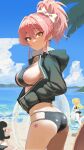 3girls absurdres beach bikini black_bikini black_hoodie blue_sky blush bow breasts closed_mouth cloud cloudy_sky commentary day earrings hair_between_eyes hair_bow hand_in_pocket heart heart_earrings high_ponytail highres hood hoodie idolmaster idolmaster_cinderella_girls jewelry jougasaki_mika jougasaki_rika large_breasts long_hair long_sleeves looking_at_viewer looking_back multiple_girls ocean outdoors palm_tree pink_hair ponytail sand sky solo_focus star_tattoo swimsuit tattoo thighs tomber tree white_bow white_innertube yellow_eyes 