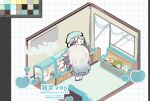  2girls black_shoes firefly_(honkai:_star_rail) firefly_(spring_missive)_(honkai:_star_rail) from_behind gradient_hair grey_hair grey_skirt hair_ornament heart honkai:_star_rail honkai_(series) long_hair macaroon_mcr2 multicolored_hair multiple_girls pleated_skirt shoes shop skirt thighhighs twitter_username unfinished white_thighhighs 