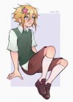  1boy arm_support basil_(faraway)_(omori) basil_(omori) blonde_hair blue_eyes blush brown_shoes brown_shorts closed_mouth collared_shirt flower full_body green_sweater_vest hair_flower hair_ornament highres kneehighs lips loafers male_focus mel_(melmellie) omori shirt shoes short_hair short_sleeves shorts sitting socks solo sweater_vest twitter_username white_shirt white_socks 