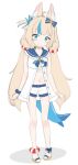 1girl ahoge animal_ear_fluff animal_ears blonde_hair blue_eyes blue_hair blush breasts cat_ears closed_mouth dress fins fish_girl fish_tail highres indie_virtual_youtuber long_hair looking_at_viewer low_twintails mooramango multicolored_hair navel one_side_up sameko_saba short_shorts shorts sleeveless sleeveless_dress small_breasts solo streaked_hair tail twintails very_long_hair virtual_youtuber white_background white_dress white_shorts 