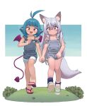  2girls animal_ears antenna_hair blue_hair blue_socks closed_mouth demon_girl demon_tail demon_wings flat_chest fox_ears fox_girl fox_tail grey_hair highres holding_hands long_hair looking_at_viewer loose_socks multiple_girls open_mouth original overalls pink_eyes pointy_ears purple_tail purple_wings short_hair socks tail teeth toes upper_teeth_only very_long_hair wings yokappa_(jokappa) 