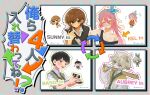  1girl 3boys artist_collaboration aubrey_(faraway)_(omori) aubrey_(omori) ball baseball_bat basil_(faraway)_(omori) basil_(omori) basketball_(object) black_eyes black_hair black_socks black_sweater_vest blonde_hair blue_eyes blue_hairband blush bright_pupils brown_eyes brown_hair camera chibi closed_eyes closed_mouth collarbone collared_shirt cosplay costume_switch dark-skinned_male dark_skin flower green_hairband green_sweater_vest grin hair_flower hair_ornament hairband hand_on_another&#039;s_shoulder highres holding holding_ball holding_camera holding_knife jacket kel_(faraway)_(omori) kel_(omori) knife lifejam_403 long_hair long_sleeves looking_at_viewer miranosub multiple_boys nail_(hardware) nail_bat omori open_mouth p0tatotat parted_lips personality_switch pink_hair ponytail salt_xs2 shirt shoes short_hair short_sleeves smile sneakers socks sunny_(omori) sweater_vest teeth twitter_username upper_teeth_only white_jacket white_pupils white_shirt 