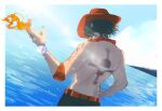  1boy arm_tattoo back back_tattoo black_hair commentary dutch_angle elbow_pads english_commentary fire hand_on_own_hip hat highres jewelry jolly_roger log_pose male_focus necklace ocean oh_no_nori one_piece orange_hat outdoors pearl_necklace portgas_d._ace short_hair single_elbow_pad sky solo tattoo topless_male whitebeard_pirates_jolly_roger 