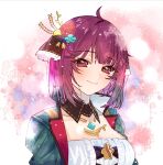  1girl ahoge atelier_(series) atelier_sophie atelier_sophie_2 backpack bag blue_background breasts brown_collar cleavage closed_mouth collar collarbone detached_collar dot_nose dress fantasy flower frills from_side gem green_jacket hair_flower hair_ornament happy head_tilt highres jacket jewelry large_pectorals leather light_smile looking_at_viewer necklace open_clothes open_jacket pectorals petals red_background red_eyes red_hair rose ryuuno6 short_hair smile solo sophie_neuenmuller stitching upper_body watercolor_background watercolor_effect wavy_hair whale white_background 