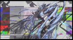  1girl black_choker blue_eyes blue_hair blush choker closed_mouth elbow_cutout from_above from_side glitch hair_between_eyes hatsune_miku highres hood hoodie kieed long_hair looking_at_viewer red_thighhighs shorts solo thighhighs very_long_hair vocaloid white_hoodie white_shorts 