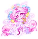  1girl colored_skin cookie_run cookie_run:_kingdom dress eternal_sugar_cookie eternal_sugar_cookie_(blooming_bringer_of_sloth) fairy_wings flipped_sidelocks flower flower_halo full_body game_cg glowing halo harp headpiece holding holding_harp instrument long_hair long_sleeves official_alternate_costume official_art pink_eyes pink_hair pink_skin sidelocks simple_background snake_head_tail solo tail third-party_source transparent_background very_long_hair white_dress wings 