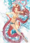  1girl absurdres bangs_pinned_back bikini blue_archive colored_skin denim denim_shorts dragon_girl dragon_horns dragon_tail hairband hand_on_own_hip highres horns ichika_(ichika87) long_hair looking_at_viewer multicolored_skin official_alternate_costume official_alternate_hairstyle open_clothes open_mouth open_shorts orange_hairband red_eyes red_hair red_skin renge_(blue_archive) renge_(swimsuit)_(blue_archive) sandals short_shorts shorts single_horn solo swimsuit tail v yellow_bikini 