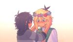  1boy 1girl antenna_hair basil_(faraway)_(omori) basil_(omori) black_hair blonde_hair blue_eyes blush closed_mouth collared_shirt donuqx earrings flower freckles glasses green_sweater_vest head_wreath jewelry looking_at_another mincy_(omori) multicolored_hair non-web_source omori open_mouth red-framed_eyewear roots_(hair) shirt short_hair short_sleeves smile star_(symbol) star_earrings sweater_vest white_shirt 