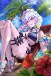  1girl absurdres arm_garter bare_legs bare_shoulders beach bikini bird black_bikini black_choker blue_sky blush bow braid breasts choker cloud cloudy_sky collarbone day earrings eyelashes flower food fruit gradient_eyes green_bow grey_hair hair_between_eyes halterneck hibiscus high_heel_sandals highres holding holding_spoon izayoi_sakuya jewelry knees_up knife large_breasts leaf legs lens_flare lips looking_at_viewer maid micro_bikini multicolored_eyes o-ring o-ring_bikini o-ring_top orange_eyes outdoors palm_tree parted_lips pink_nails red_eyes red_flower rouge_(my_rouge) sand sandals side-tie_bikini_bottom sidelocks sitting sky smile solo spoon strawberry string_bikini swimsuit thigh_strap thighs toenails toes touhou tree twin_braids twitter_username underboob water 