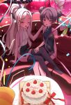  2girls ahoge balloon black_skirt blue_archive cake china_dress chinese_clothes demon_girl demon_horns demon_wings double_bun dress food grey_eyes grey_hair grey_halo hair_bun halo happy_birthday heart heart_balloon highres hina_(blue_archive) horns indoors kisaki_(blue_archive) long_hair looking_at_viewer multiple_girls ponytail purple_eyes rubina15 shirt sitting skirt strawberry_cake table white_hair white_shirt wings 