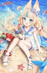  1girl :d absurdres animal_ear_fluff animal_ears beach bikini bikini_under_clothes bikini_under_shorts blonde_hair blue_bikini blue_eyes blue_hair blue_nails blue_sailor_collar blunt_bangs cat_ears commentary crab day dress fangs fins fish_girl fish_tail frilled_bikini frilled_shirt_collar frills front_slit hair_flaps halterneck hand_up highres holding_seashell indie_virtual_youtuber lifebuoy_hair_ornament long_hair looking_at_viewer low_twintails meltyrice midriff multicolored_hair nail_polish navel one_side_up outdoors revision sailor_collar sameko_saba sandals scrunchie shark_girl shark_tail short_shorts shorts side-tie_bikini_bottom simple_background single_bare_arm sitting smile solo starfish streaked_hair striped_bikini striped_clothes swimsuit symbol-only_commentary tail teeth toenails twintails upper_teeth_only very_long_hair virtual_youtuber white_background white_dress white_shorts wrist_scrunchie 