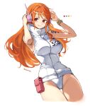  1girl armpit_peek artist_name bangle bare_shoulders belt_bag belt_pouch blush bracelet breasts brown_eyes closed_mouth cowboy_shot crotch hands_up headphones highres hood hood_down hooded_leotard hoodie jewelry kasumi_6 large_breasts leotard log_pose long_hair looking_at_viewer nami_(one_piece) official_alternate_costume one_piece orange_hair panties pink_bag pouch shoulder_tattoo sidelocks simple_background sleeveless solo tattoo thighs underwear wavy_hair white_background white_hoodie white_leotard white_panties 