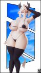 2_horns 3d_(artwork) anthro areola areola_slip armwear big_breasts bikini black_bikini black_clothing black_gloves black_handwear black_legwear black_swimwear black_thigh_highs breasts bridal_gauntlets celinia_(cervina7) clothing curvy_figure digital_media_(artwork) dragon elbow_gloves eyes_closed facial_markings female fingerless_gloves forehead_markings gloves hair handwear head_markings hi_res horn huge_breasts legwear markings micro_bikini mythological_creature mythological_scalie mythology pointy_ears scalie skindentation smile solo swimwear tail tail_tuft thenicedragon thick_thighs thigh_highs tuft two-piece_swimsuit watermark white_hair wide_hips