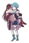  2girls black_bow black_thighhighs blue_dress blue_eyes blue_hair blue_skirt blush boots bow breasts cape carrying carrying_person colored_eyelashes detached_sleeves dress frills gloves hair_ornament hianura highres long_hair mahou_shoujo_madoka_magica mahou_shoujo_madoka_magica_(anime) miki_sayaka multiple_girls musical_note musical_note_hair_ornament pink_skirt red_boots red_dress red_hair sakura_kyoko short_hair skirt smile thighhighs white_background yuri 