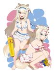  2girls absurdres alternate_costume animal_ear_fluff animal_ears bandaid bandaid_hair_ornament bare_shoulders bikini bikini_skirt blonde_hair blue_bikini blue_eyes blue_hair blue_nails bluesandesei breasts cleavage collarbone dog_ears dog_girl dog_tail frilled_bikini_bottom frilled_bikini_top fuwawa_abyssgard hair_ornament hairclip highres holding holding_water_gun hololive hololive_english horn_hairband large_breasts long_hair looking_at_viewer medium_breasts mococo_abyssgard multiple_girls nail_polish navel parallel_hairclips pink_bikini pink_eyes pink_hair pink_nails pink_wrist_cuffs short_hair siblings simple_background sisters squatting stomach striped_bikini striped_clothes swimsuit tail toenail_polish toenails twins water_gun white_background wrist_cuffs x_hair_ornament 