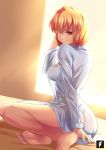  1girl blonde_hair clementine_(overlord) despair_wing eyebrows_visible_through_hair highres long_sleeves looking_at_viewer morning overlord_(maruyama) red_eyes shirt short_hair sitting smile solo white_shirt window 