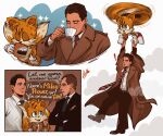  ! 3boys animal_ears arm_up black_hair black_pants blue_eyes brown_coat brown_hair character_request closed_eyes coat coffee_mug cup dale_cooper english_text fox_boy fox_ears fox_tail furry furry_male highres holding holding_cup long_sleeves mug multiple_boys necktie open_mouth pants red_necktie schumisnoopy short_hair sonic_(series) speech_bubble striped_necktie tail tails_(sonic) twin_peaks 