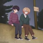  2boys absurdres alternate_costume alternate_eye_color basil_(faraway)_(omori) basil_(omori) black_hair black_shoes black_socks blonde_hair blue_eyes brown_pants brown_socks closed_mouth collared_shirt day flower green_sweater grey_pants hair_flower hair_ornament highres honeymoonyart long_sleeves male_focus multiple_boys omori outdoors pants red_eyes red_sweater shirt shoes short_hair sitting smile sneakers socks sunny_(omori) sweater twitter_username white_shirt 